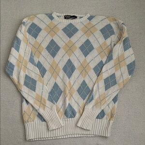 Ralph Lauren 100% Cotton Argyle Sweater Blue/Yellow/Cream Size Medium
